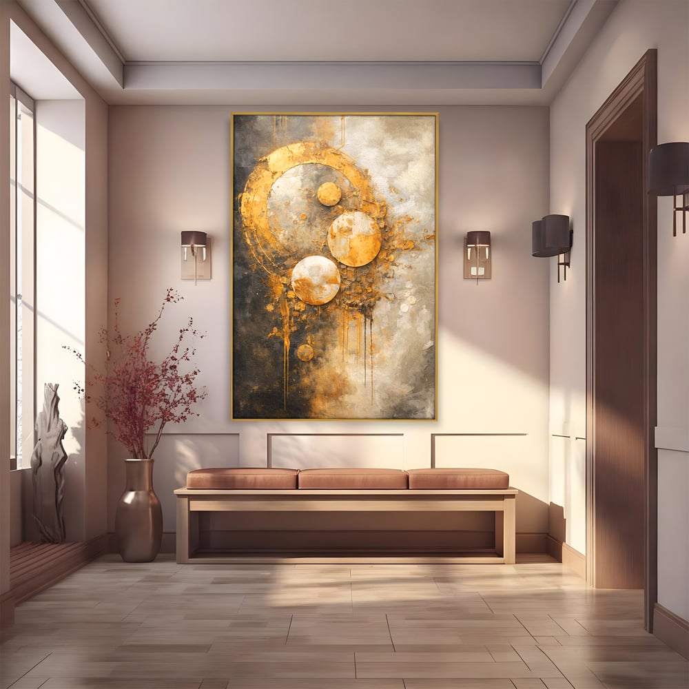 Tablou canvas cu tablou canvas abstract cu cercuri aurii, in rama de aluminiu auriu
